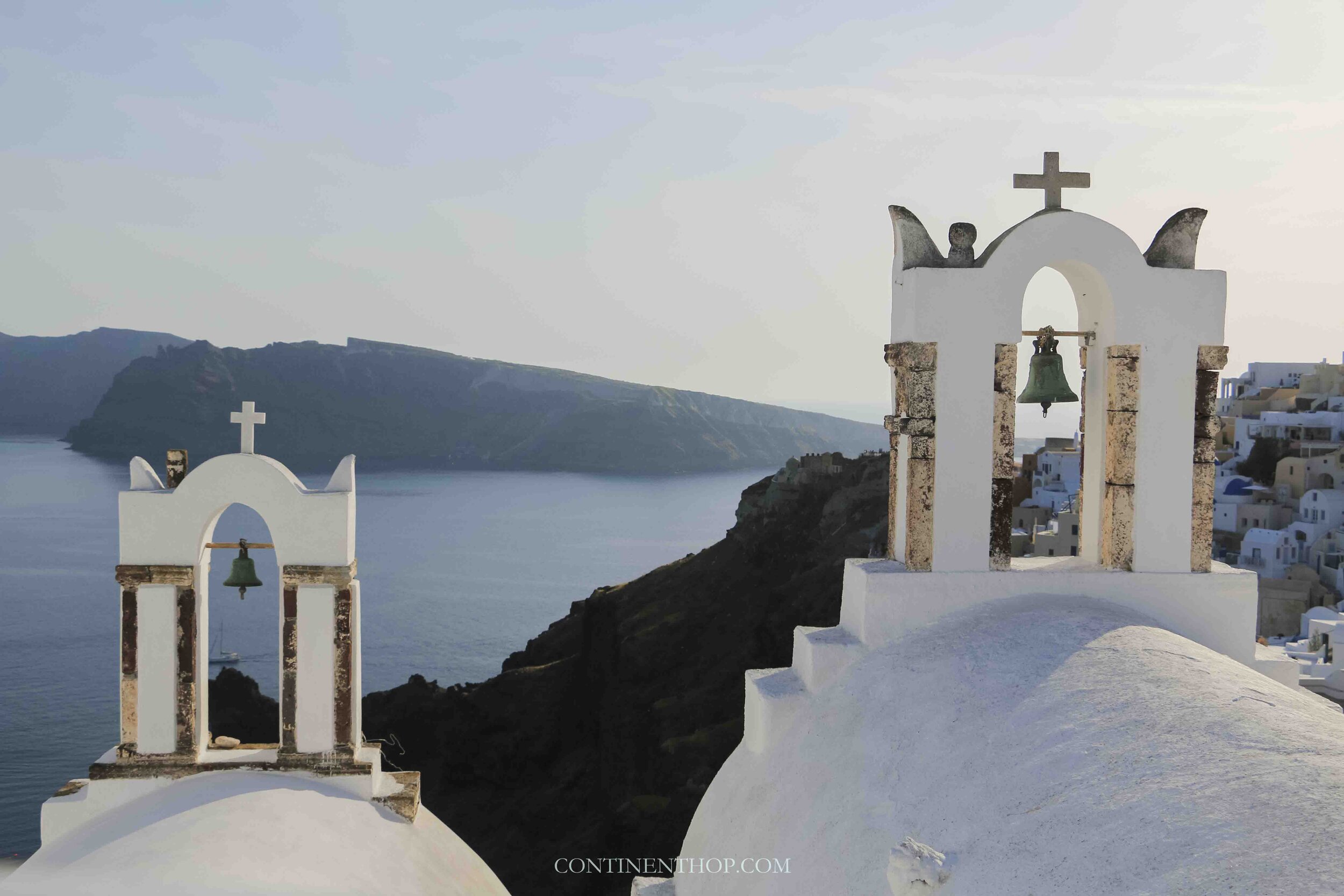 Iconic view of the ocean during sunset in Oia, Santorini