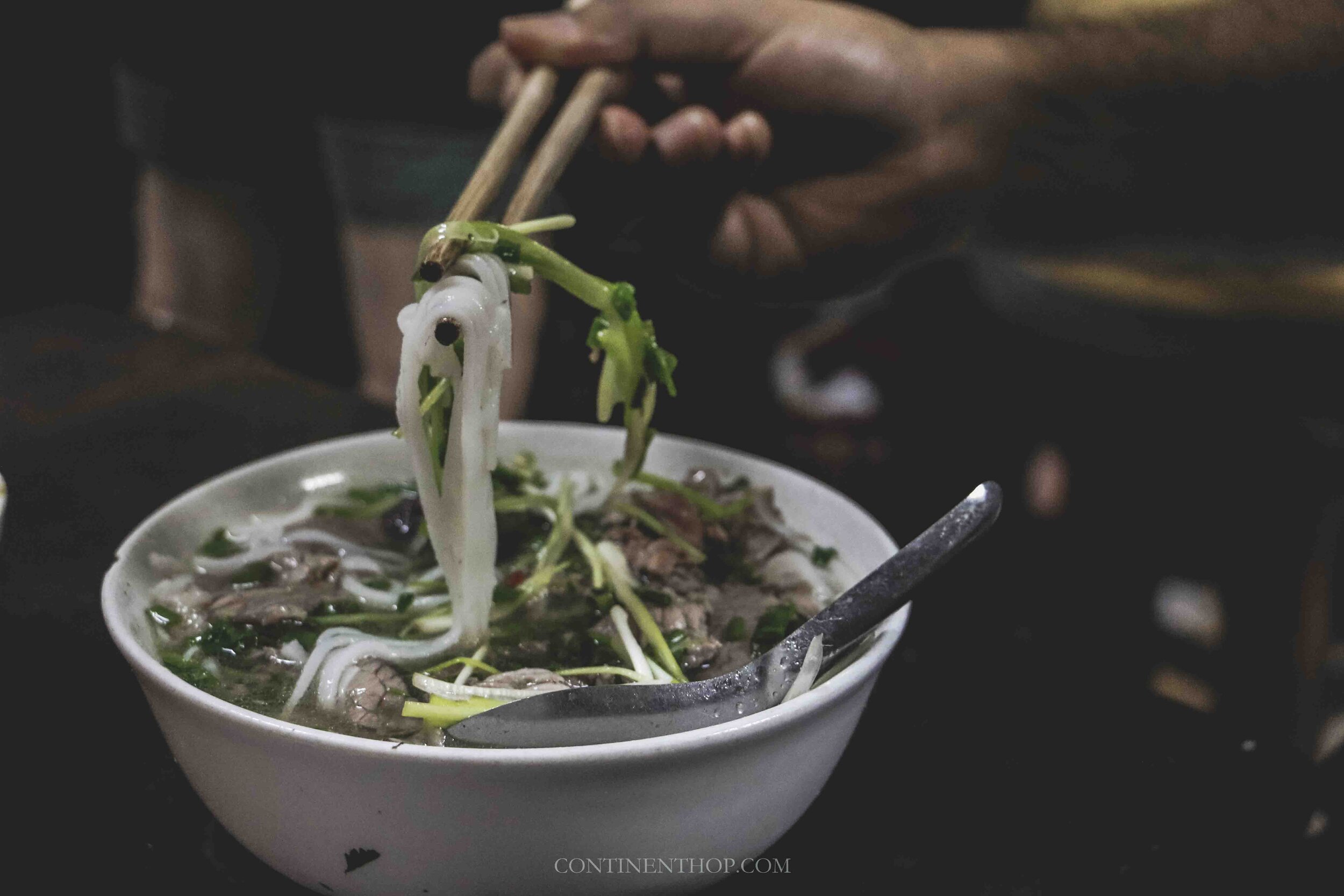 A person holding some noodles over a bowl of Pho in Hanoi