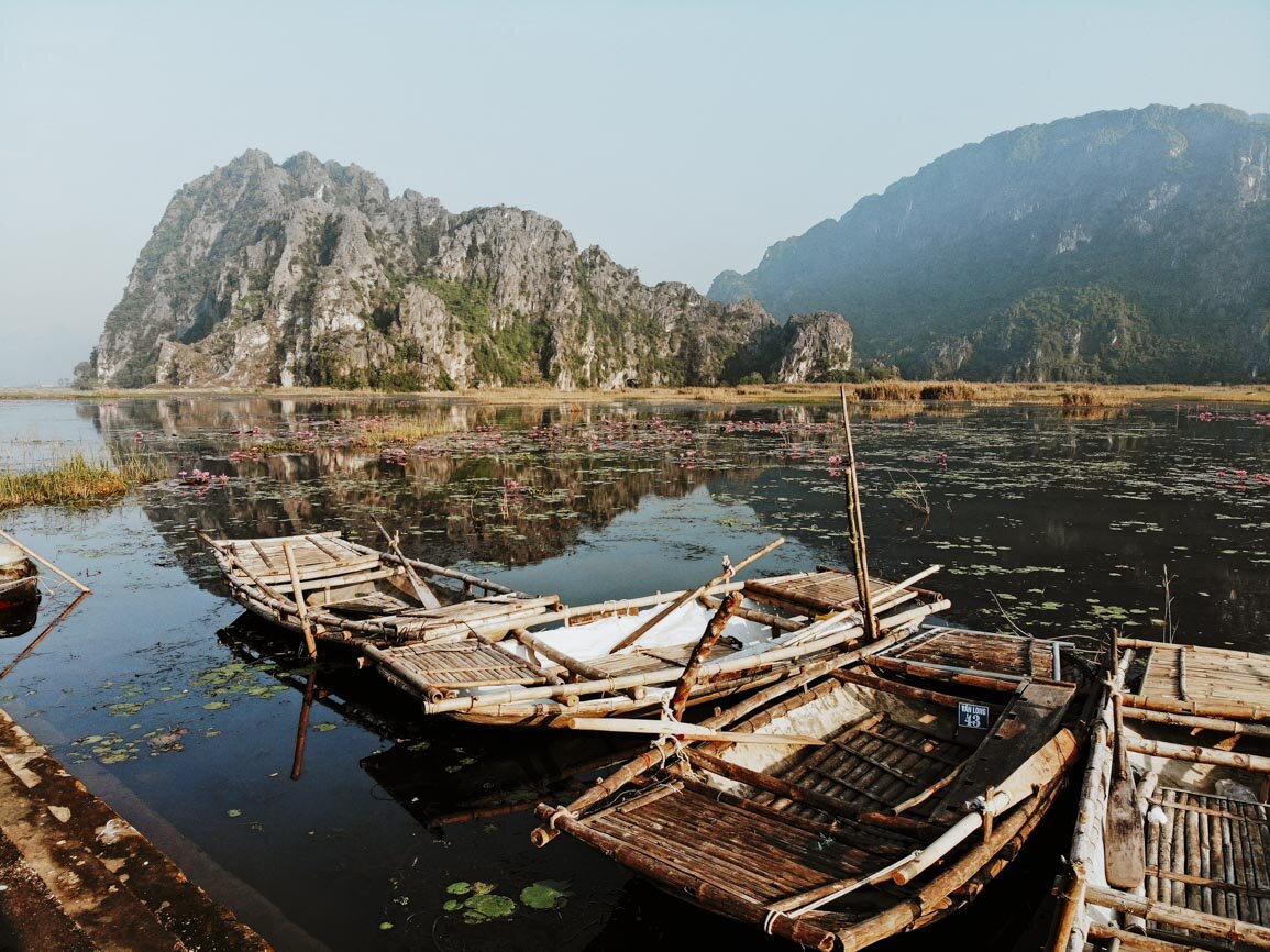 Vietnamese local wooden boats at Ninh Binh nature reserve in Hanoi