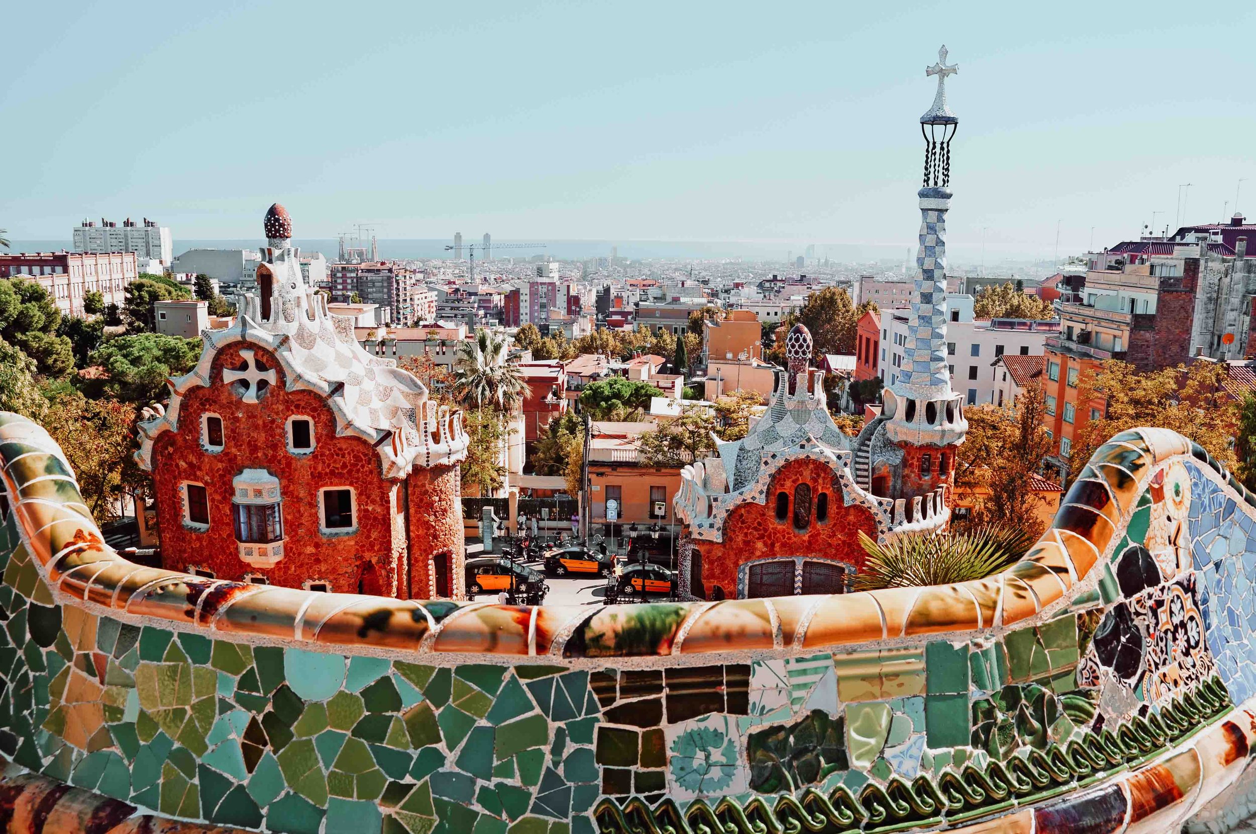 Colourful structures in Park Guell in Barcelona on a 3 months in Europe itinerary