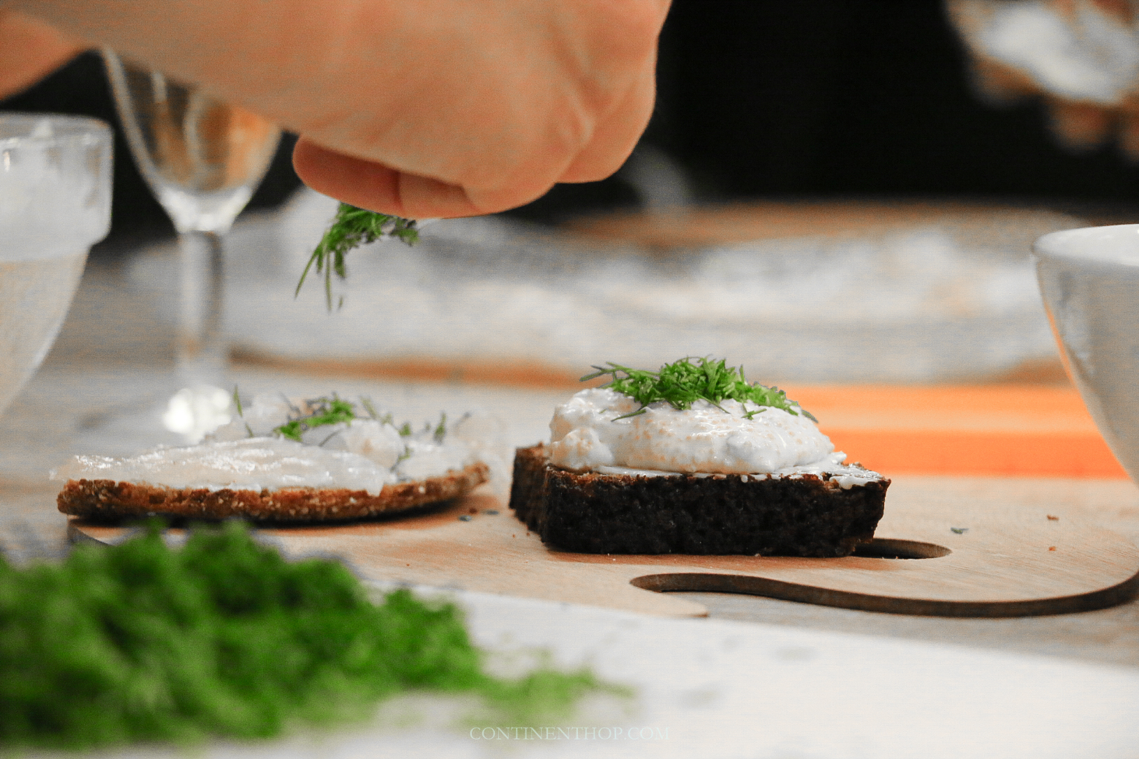 dark rye bread with sour cream and roe and ppikeperch for a typical finnish food