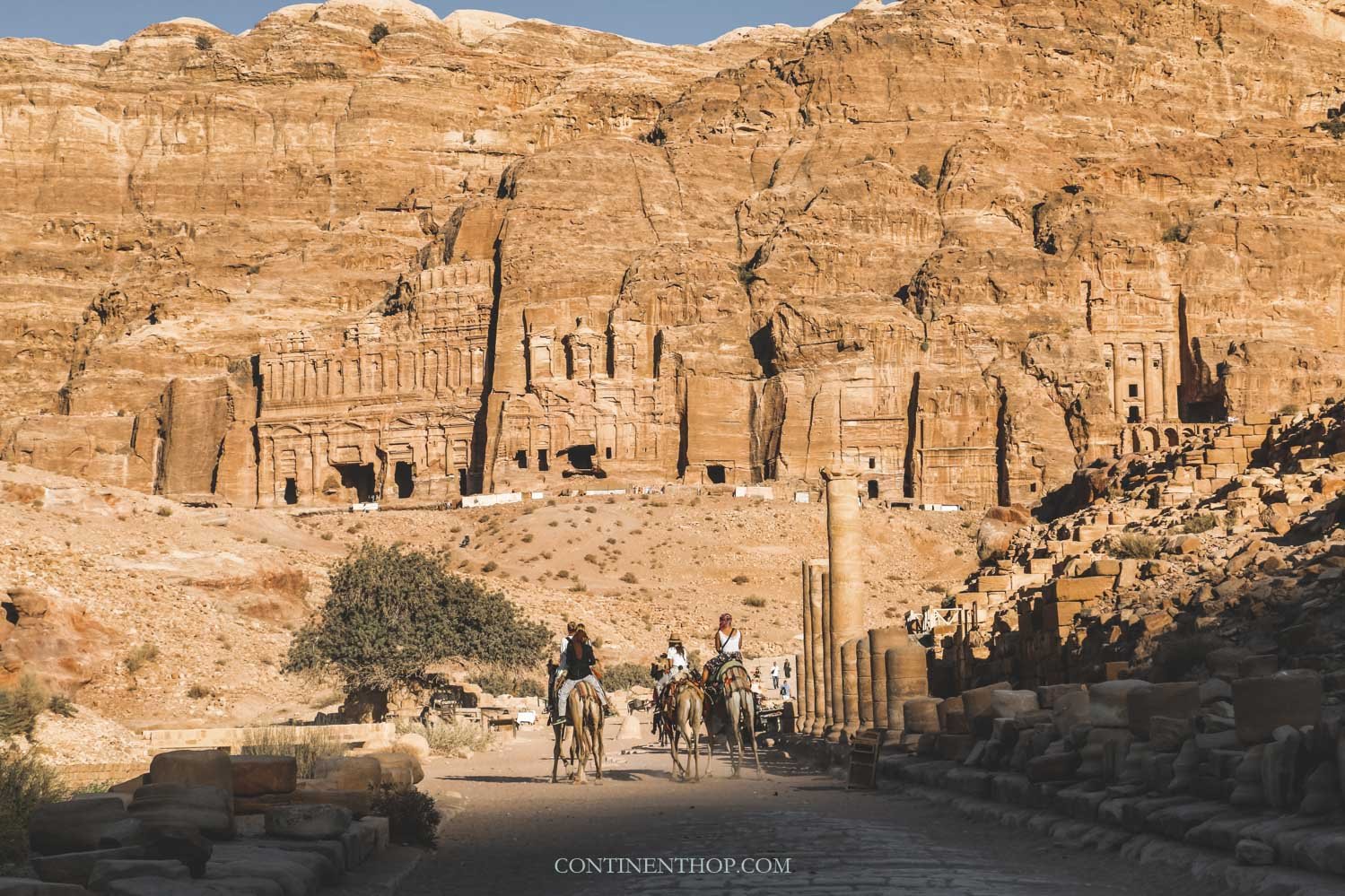 guide to petra: people on camels inside petra jordan while visiting petra jordan