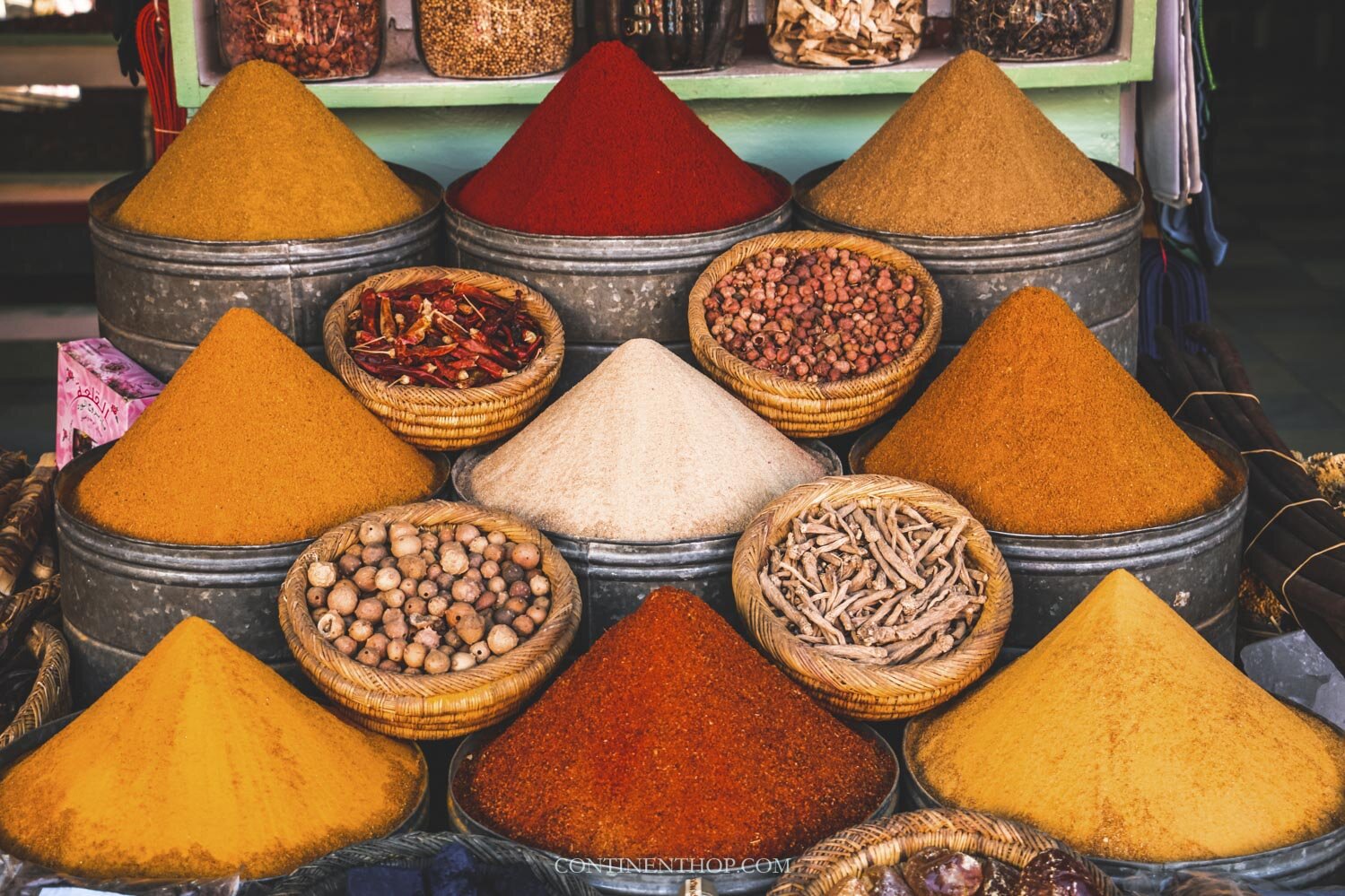 A mound of colorful spices in the souks of Marrakech