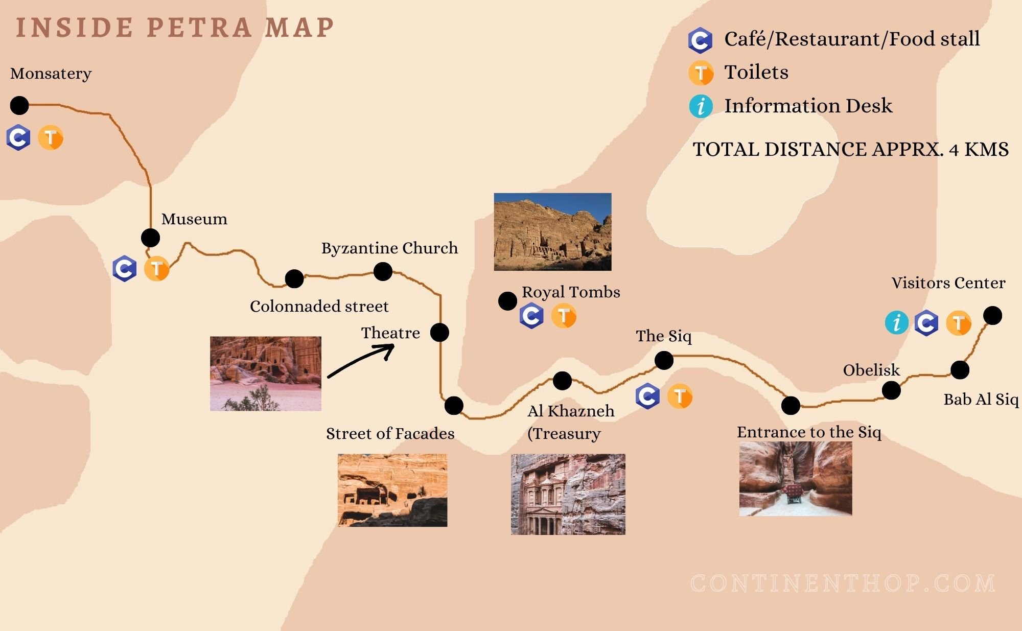 Petra map with Petra attractions inside it including Petra by night
