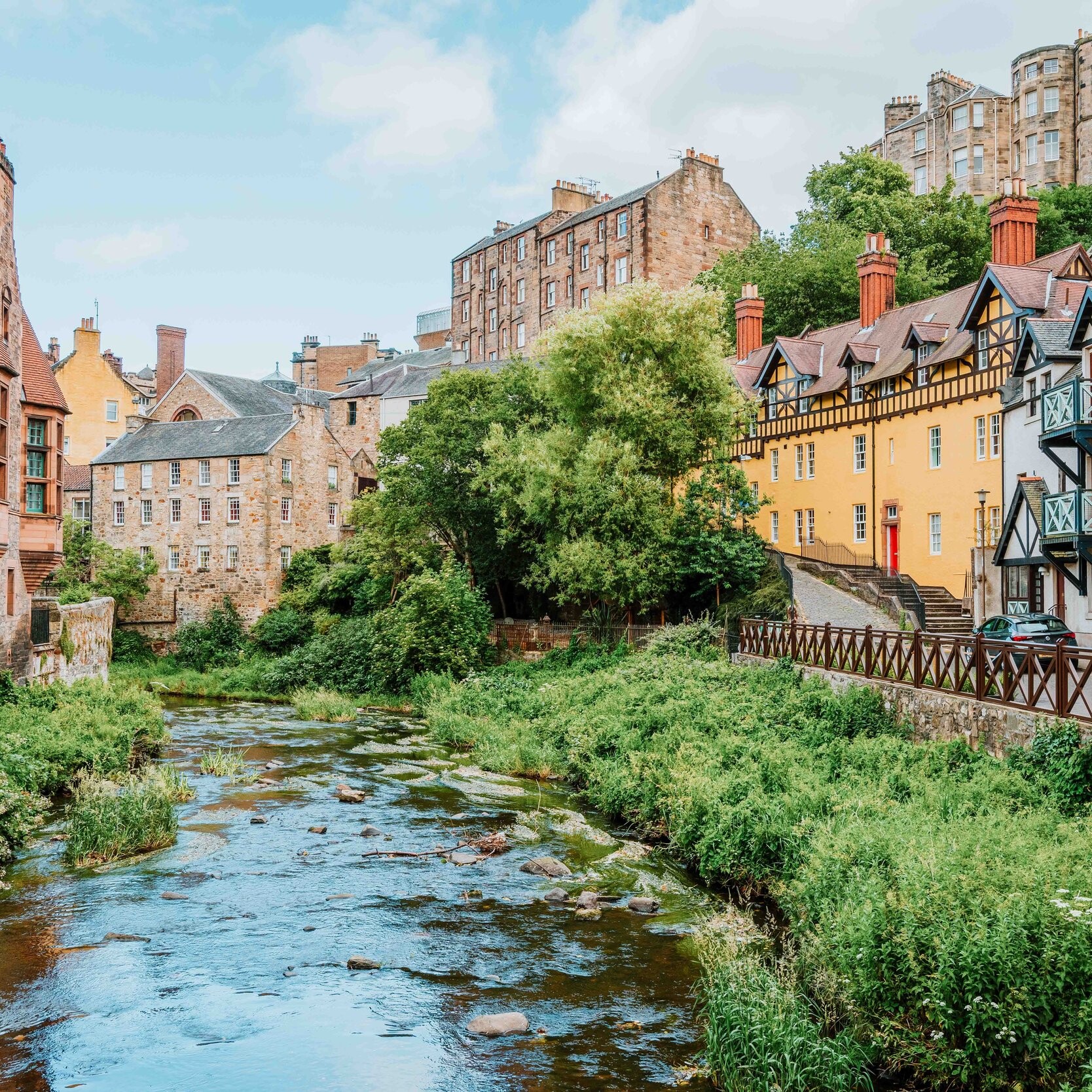 Dean village with colourful houses and the river in Scotland in Springtime in Scotland