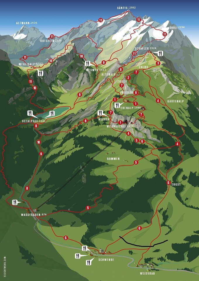 map for wasserauen to seealpsee hike near ebenalp