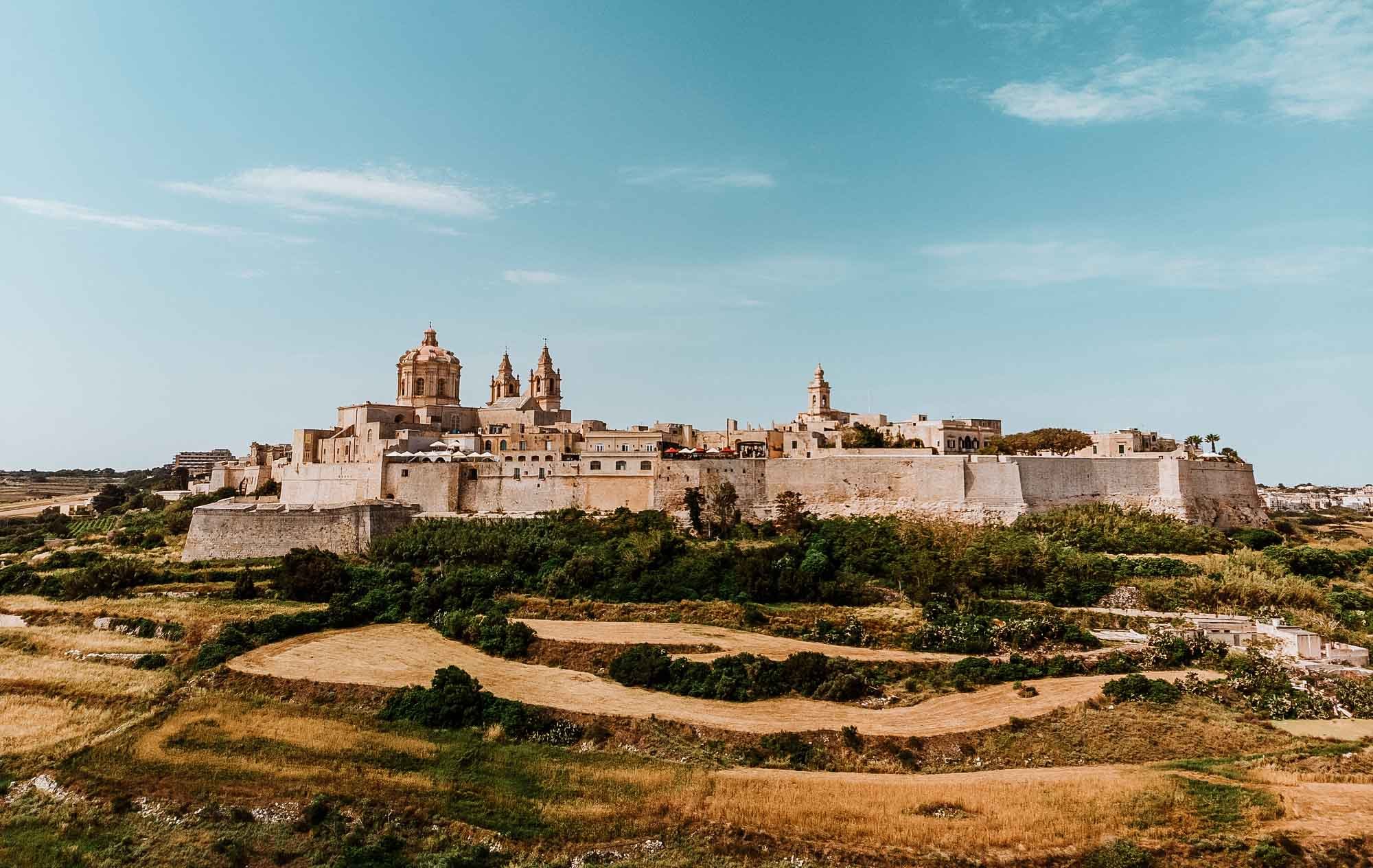 An aerial view of the Mdina from Valletta Mdina via buses to Mdina
