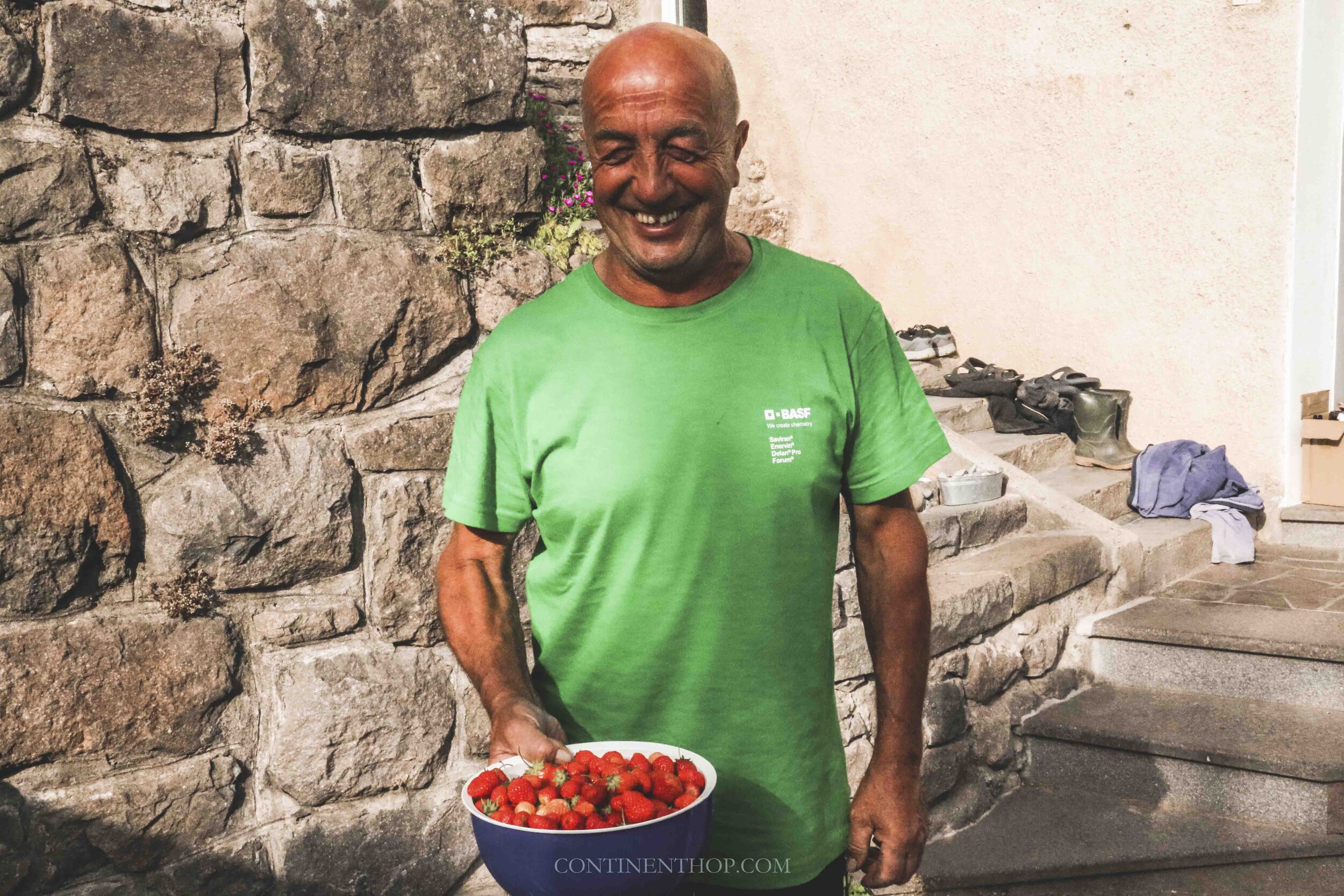 A farmer holding a bowl of strawberries in Valle Di Cembra