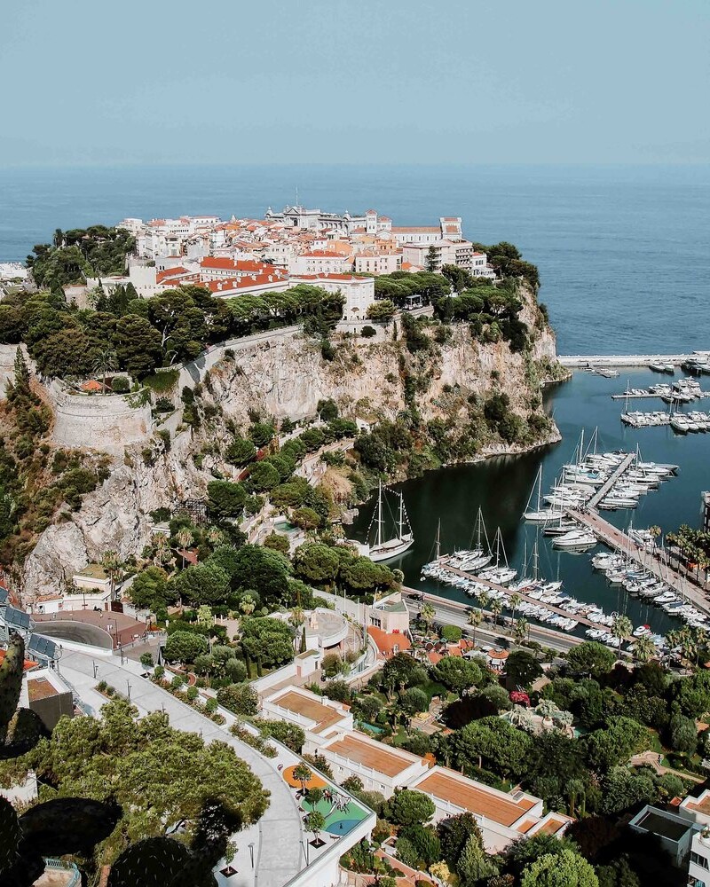 View of Monaco City with boat marina below in Monaco.
